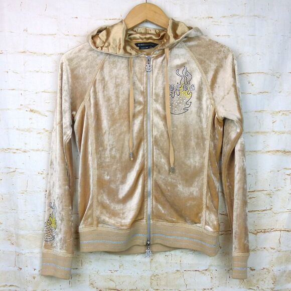 Vtg BCBGMAXAZRIA Y2K Velour Hoodie Track Jacket M Beige Rhinestone Graphic Flame - Picture 5 of 15